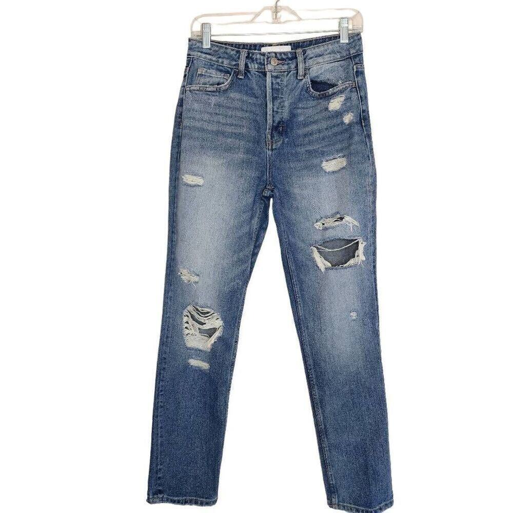 Vervet Blue Women Jeans, Distressed High Rise Button Fly Straight Jeans, Sz W26